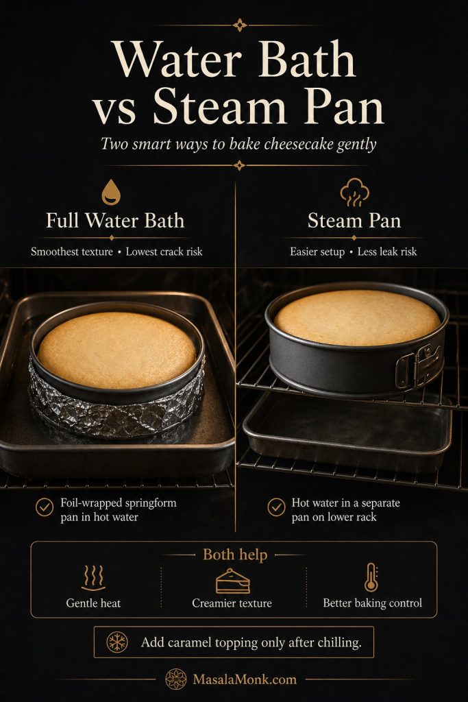 Comparison board showing a foil-wrapped springform pan in a water bath and a cheesecake baked above a separate steam pan.