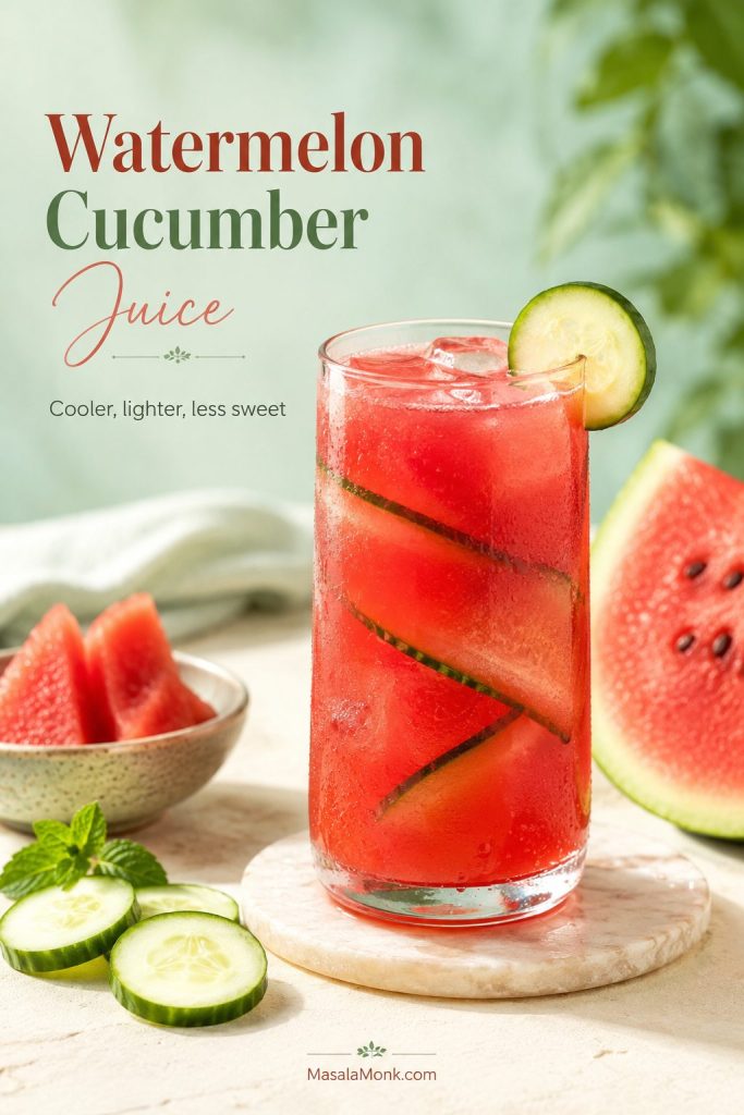 Watermelon cucumber juice served cold with cucumber slices, watermelon pieces, and mint.