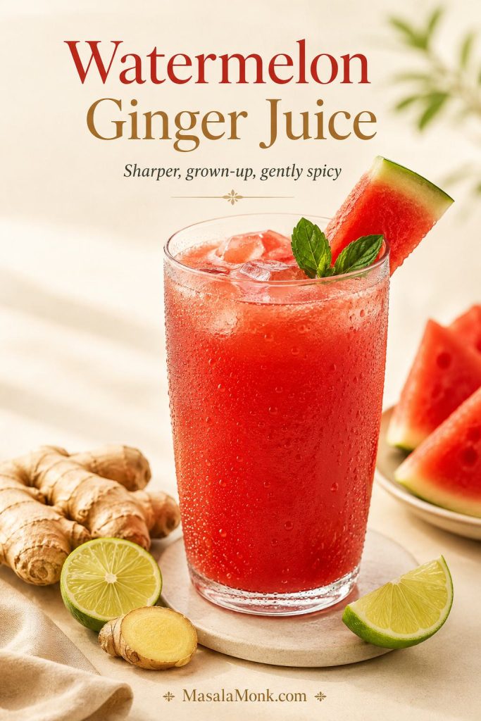 Watermelon ginger juice served cold with ginger root, citrus, mint, and watermelon.