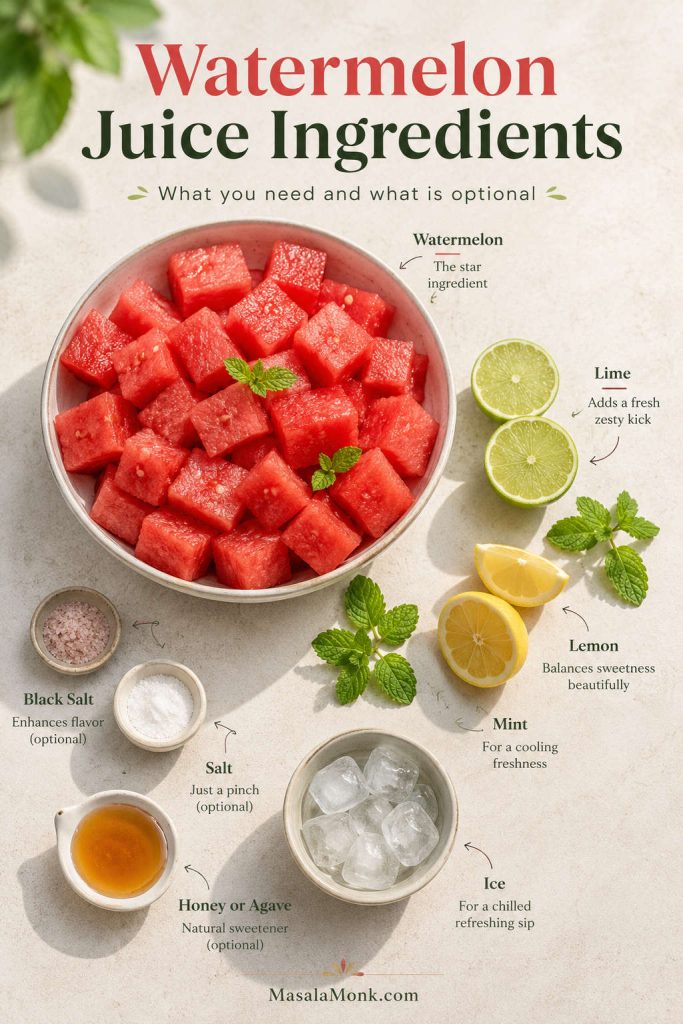 Watermelon juice ingredients arranged with watermelon cubes, lime, lemon, mint, salt, black salt, sweetener, and ice.