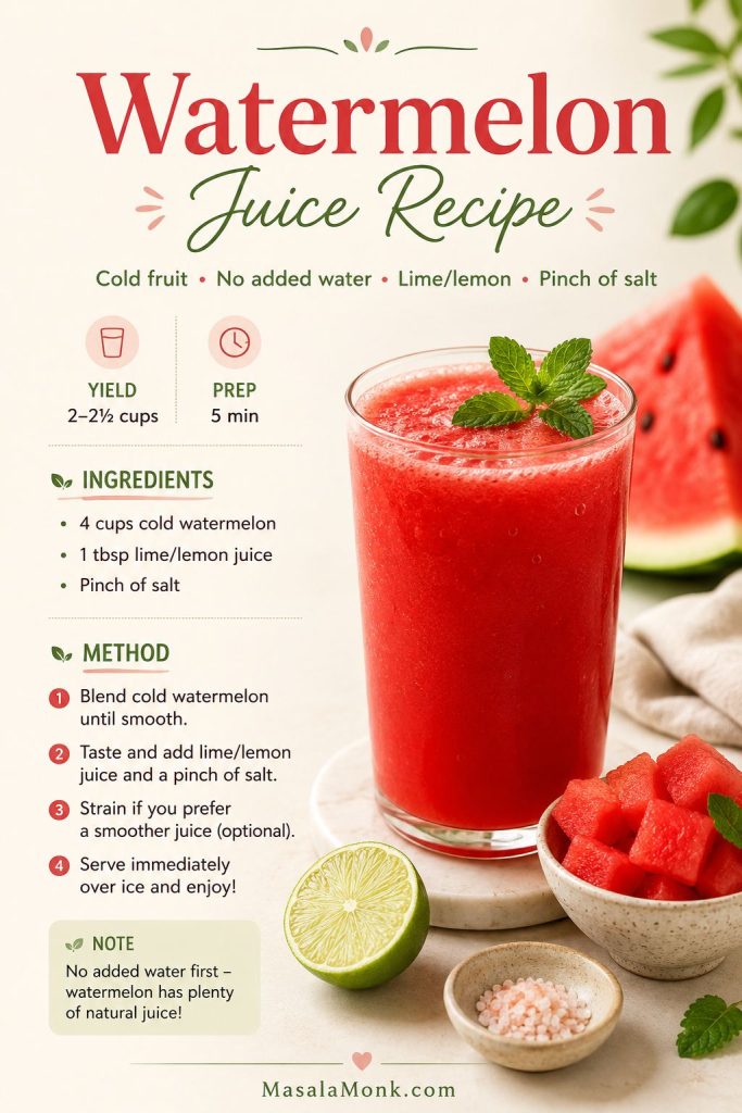Saveable watermelon juice recipe card with yield, prep time, ingredients, and blender method beside a glass of juice.