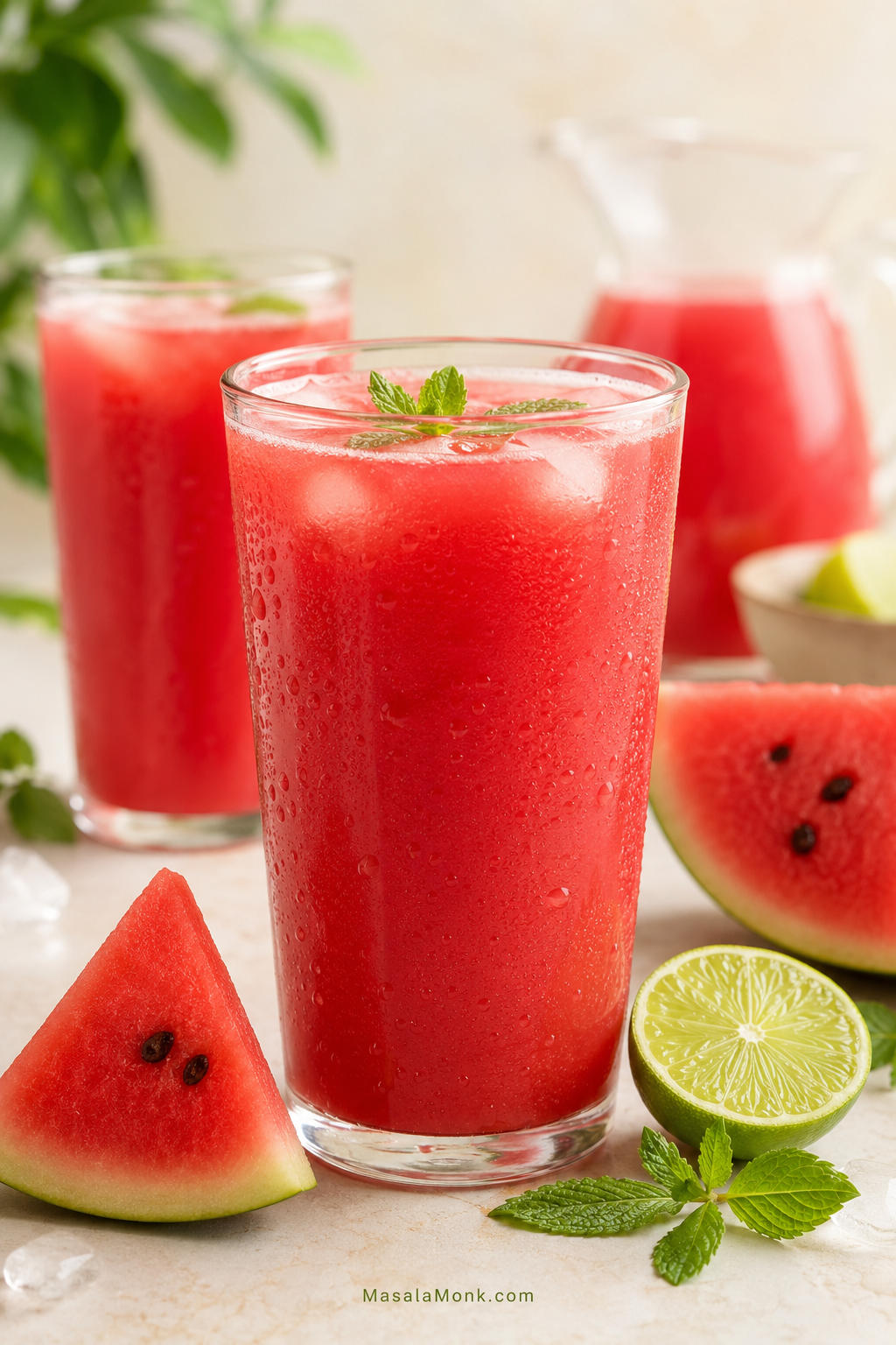 Cold watermelon juice served in clear glasses with ice, watermelon wedges, lime, and mint on a bright summer surface.