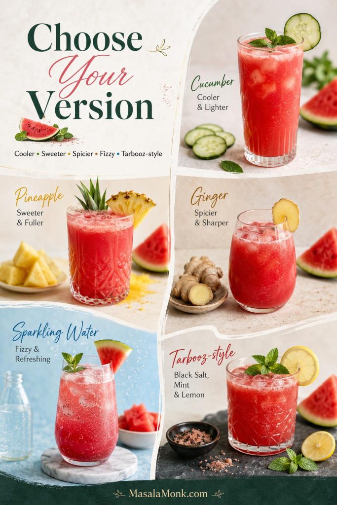 Variation guide showing cucumber, pineapple, ginger, sparkling, and tarbooz-style watermelon juice options.