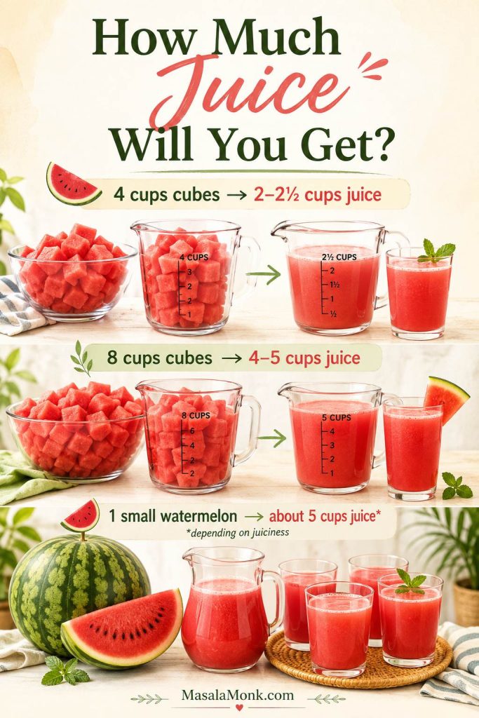 Watermelon juice yield guide showing juice amounts from 4 cups of cubes, 8 cups of cubes, and one small watermelon.