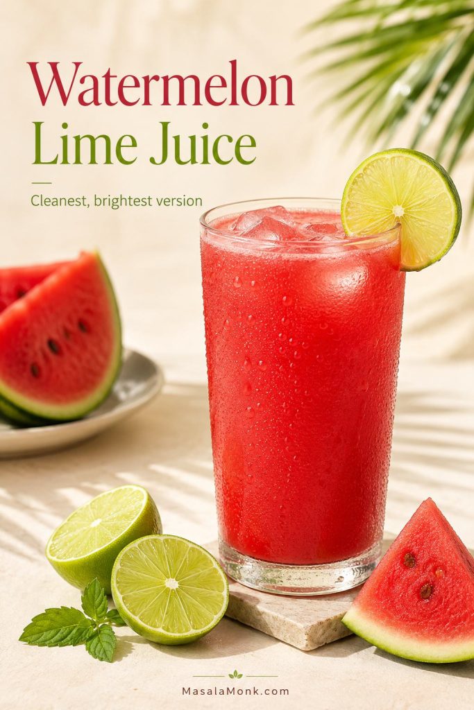 Watermelon lime juice served cold with lime garnish, watermelon wedges, and condensation on the glass.