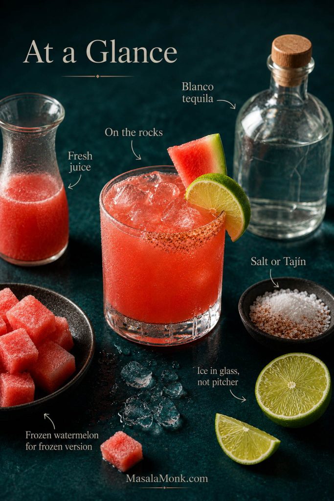 At-a-glance watermelon margarita guide with a finished drink, watermelon juice, tequila, lime, rim seasoning, frozen watermelon, and pitcher cues.