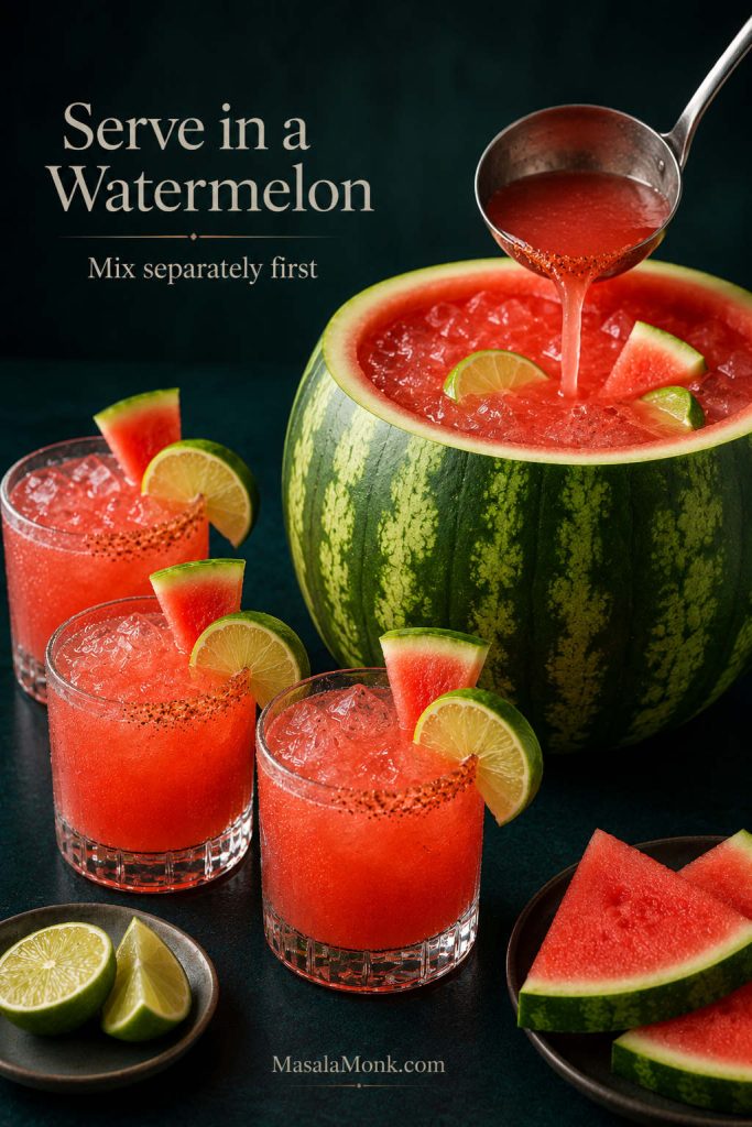 Watermelon margarita served in a hollowed watermelon shell with glasses, lime wedges, and a serving ladle nearby.