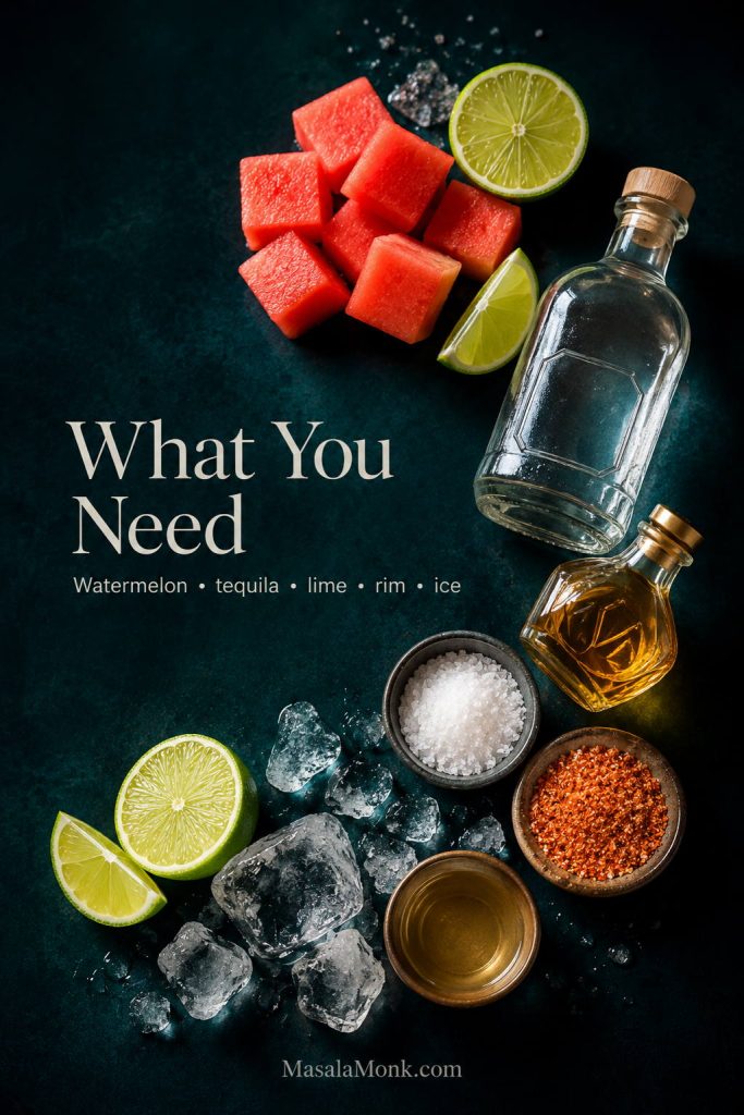 Watermelon margarita ingredients on a dark surface, including watermelon cubes, lime, tequila, orange liqueur, sweetener, salt, Tajín, and ice.