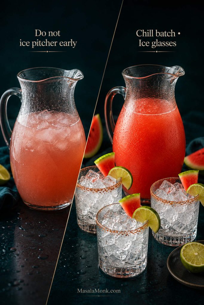 Comparison of a diluted watermelon margarita pitcher with early ice and a chilled pitcher served with fresh-ice glasses.