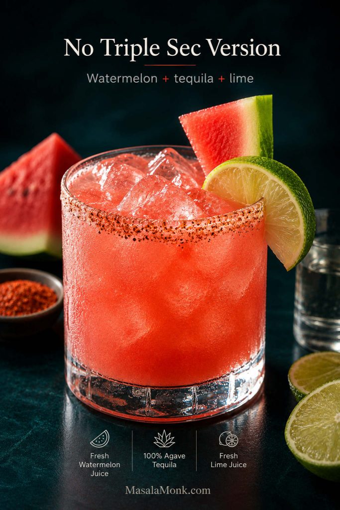 Watermelon margarita without triple sec in a rimmed glass with lime and watermelon garnish.