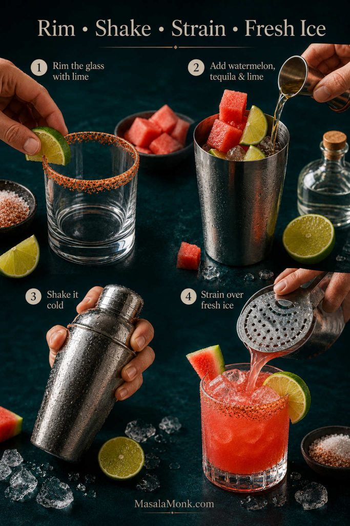 Watermelon margarita method image showing rimming a glass, adding ingredients to a shaker, shaking, and straining over fresh ice.
