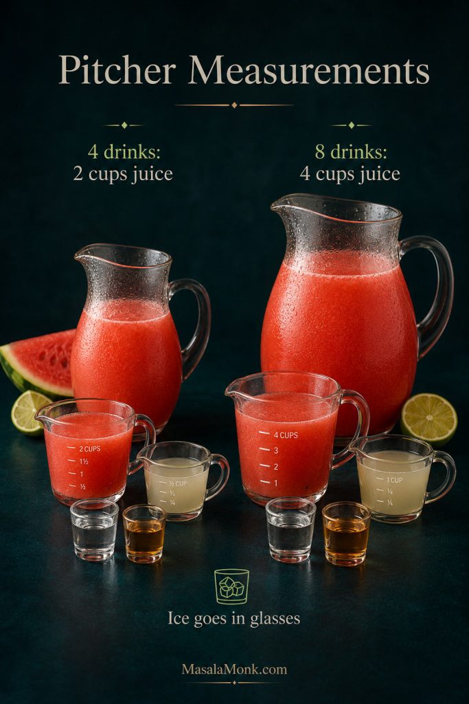 Watermelon margarita pitcher measurement graphic showing amounts for 4 drinks and 8 drinks, with a note that ice goes in the glasses.