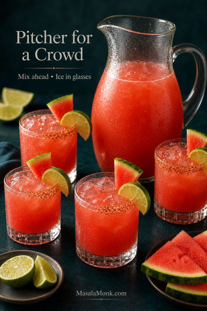 Pitcher of watermelon margaritas with rimmed glasses, lime wedges, watermelon garnish, and ice in the glasses.