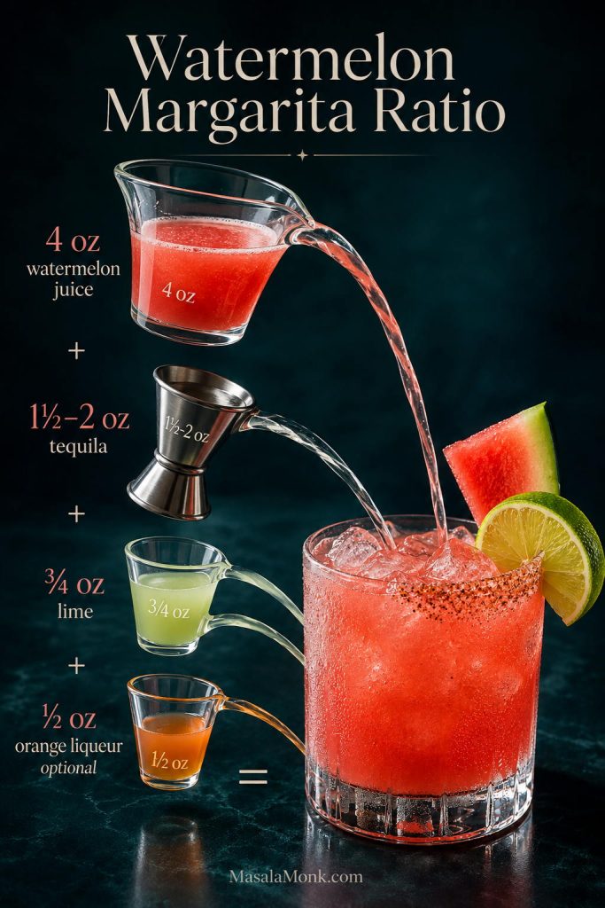 Watermelon margarita ratio graphic showing watermelon juice, tequila, lime juice, optional orange liqueur, and a finished drink.