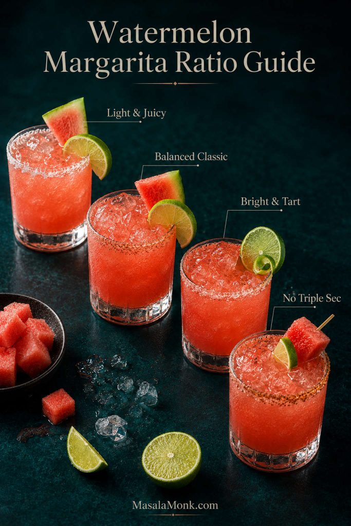Four watermelon margaritas labeled Light and Juicy, Balanced Classic, Bright and Tart, and No Triple Sec.