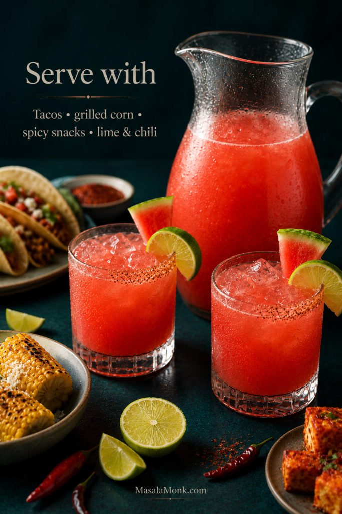 Watermelon margaritas served with tacos, grilled corn, chips, lime wedges, and spicy snacks.