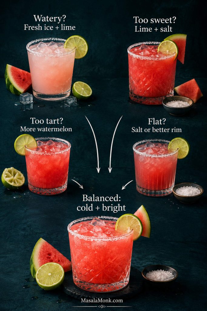 Troubleshooting guide showing watery, too sweet, too tart, and flat watermelon margaritas leading to a balanced final drink.