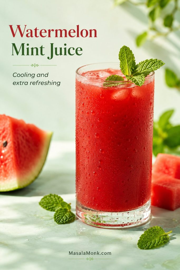 Watermelon mint juice served cold with fresh mint leaves and watermelon pieces.