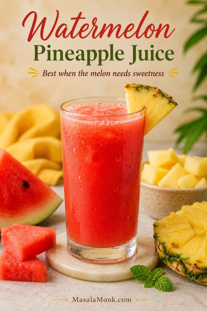 Watermelon pineapple juice served cold with pineapple pieces, watermelon, and mint.