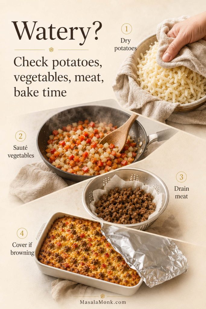 Troubleshooting guide for watery breakfast casserole showing drying potatoes, sautéing vegetables, draining meat, and covering a browning top.