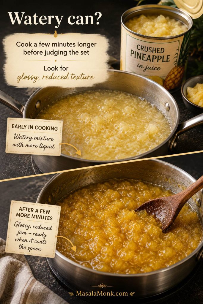 Watery canned crushed pineapple in juice reducing into thicker glossy pineapple jam in a saucepan