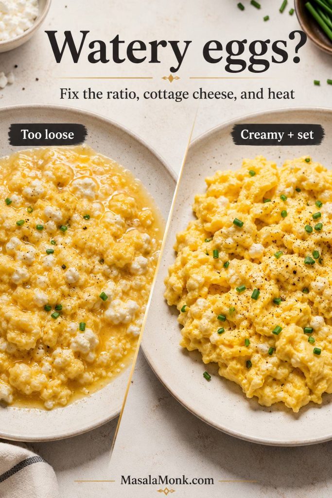 Watery cottage cheese scrambled eggs compared with creamy set eggs in a troubleshooting guide.