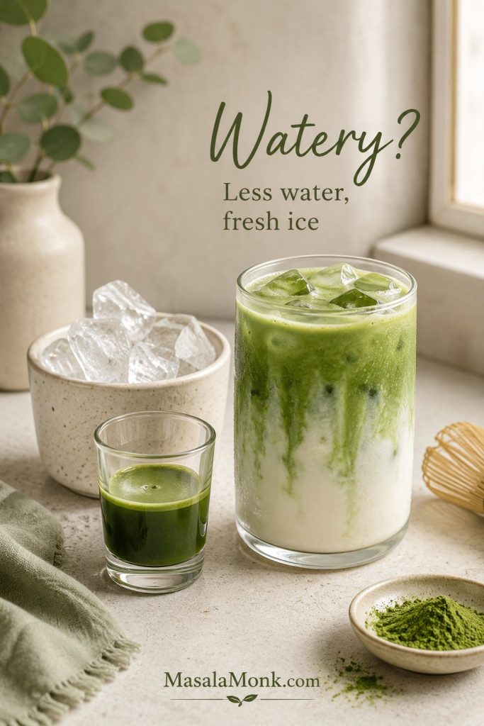 Iced matcha latte beside a bowl of fresh ice and a small concentrated matcha shot