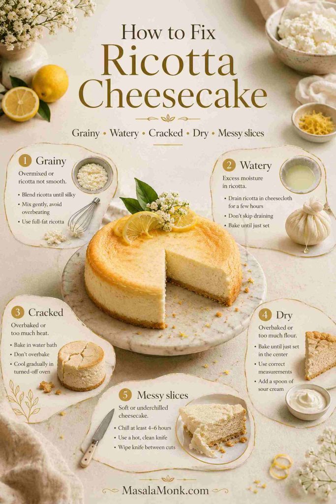 Watery ricotta cheesecake slice with strainer cue and cracked cheesecake top with cooling cue