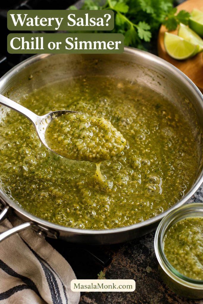Watery salsa verde simmering in a pan with a spoonful of thicker salsa lifted above the surface