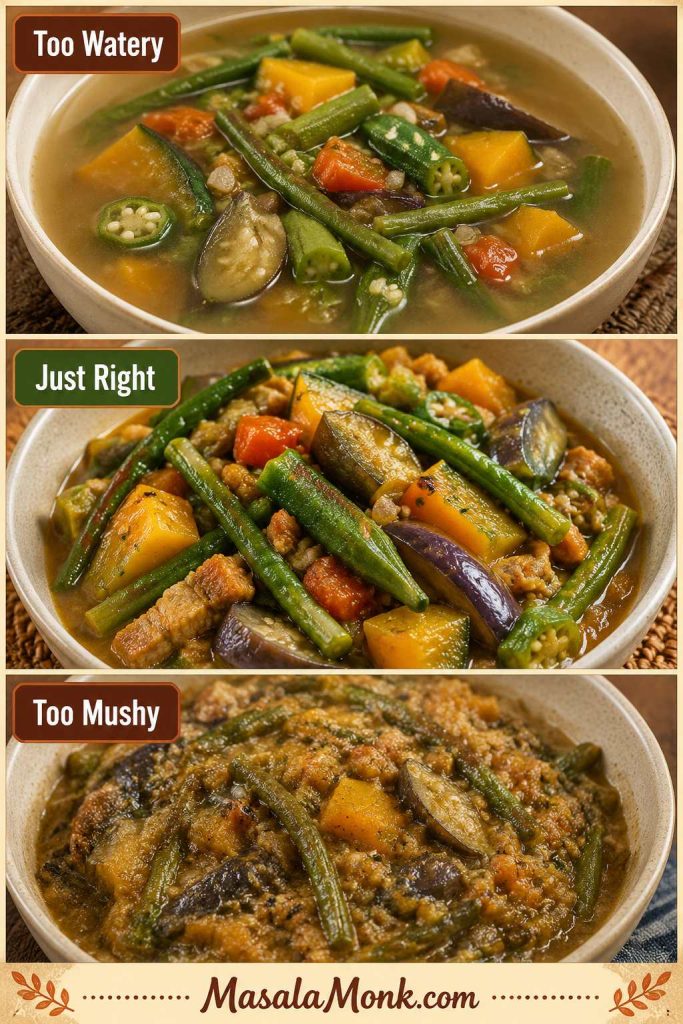Three-panel comparison showing pinakbet that is too watery, just right, and too mushy.