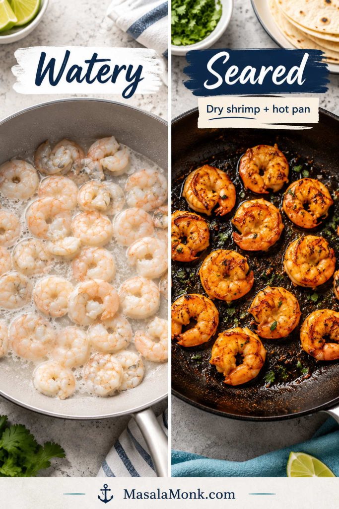 Comparison of watery shrimp in a crowded pan and seared shrimp cooked in a hot pan