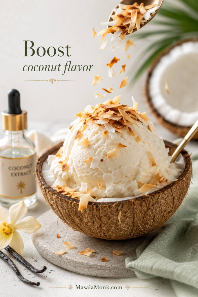Comparison of a dense glossy coconut cream-heavy scoop and a smoother balanced coconut ice cream scoop.