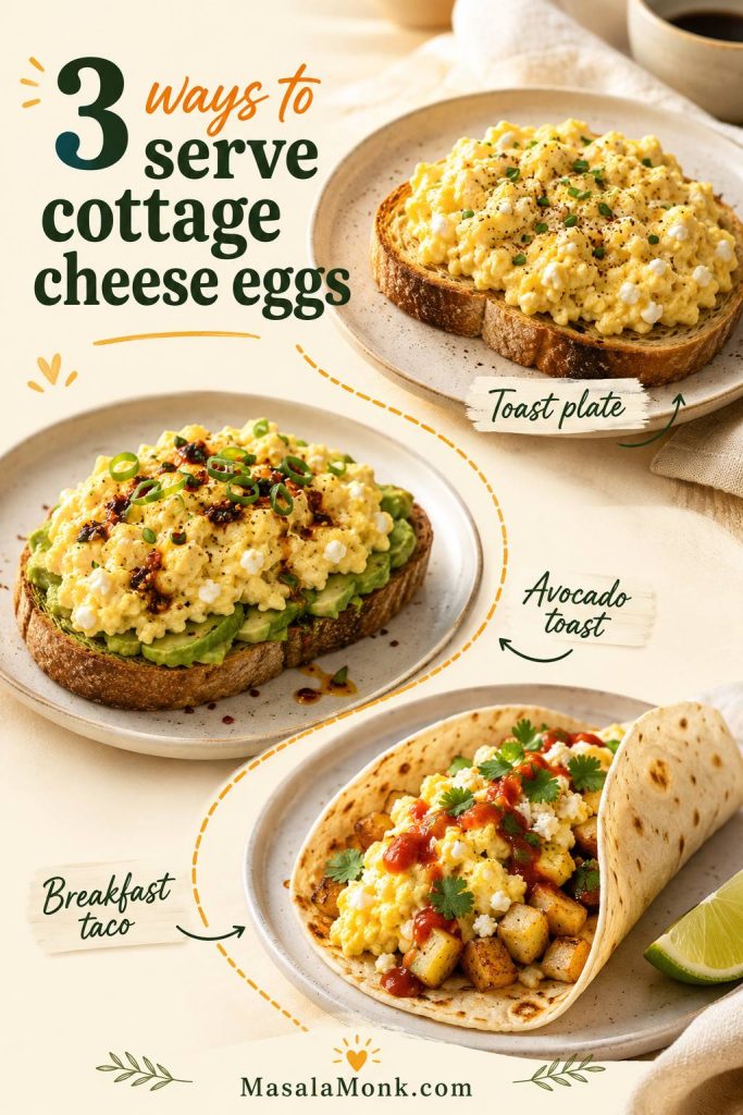 Three serving ideas for cottage cheese scrambled eggs with toast, avocado toast, and a breakfast taco.