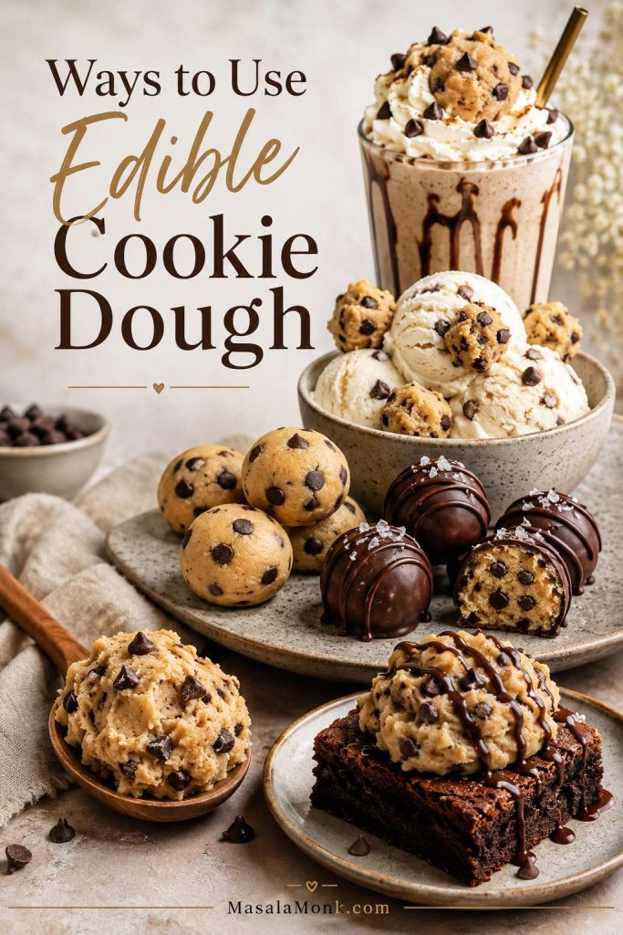 Several ways to use edible cookie dough are shown, including bites, ice cream mix-ins, milkshake, brownie topping, and dessert cups.