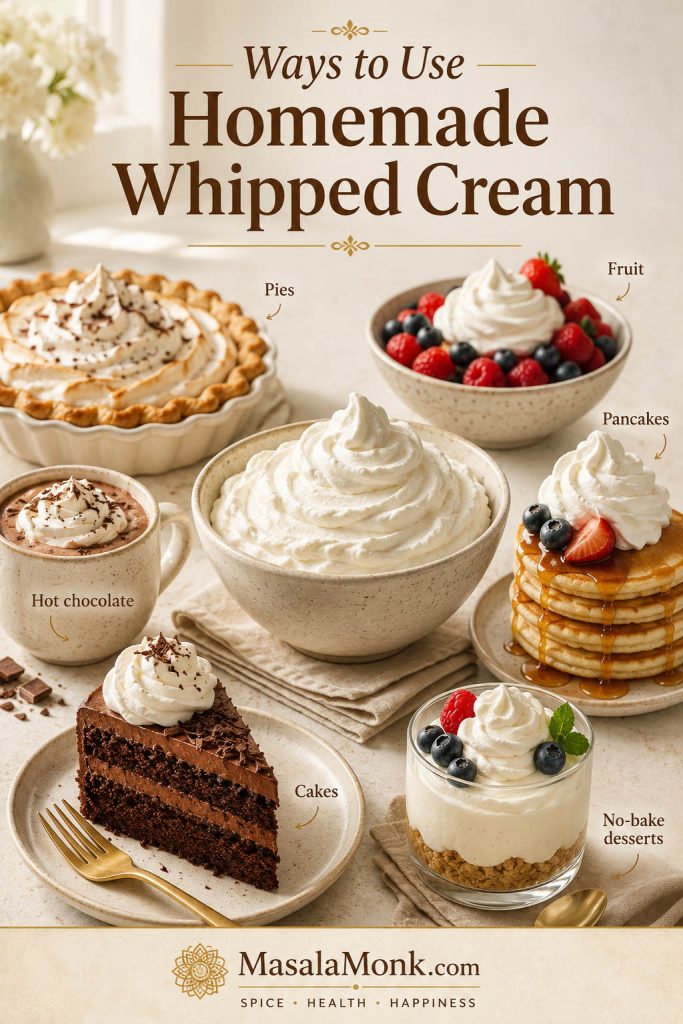 Homemade whipped cream served with pie, berries, pancakes, hot chocolate, cake, and a no-bake dessert.