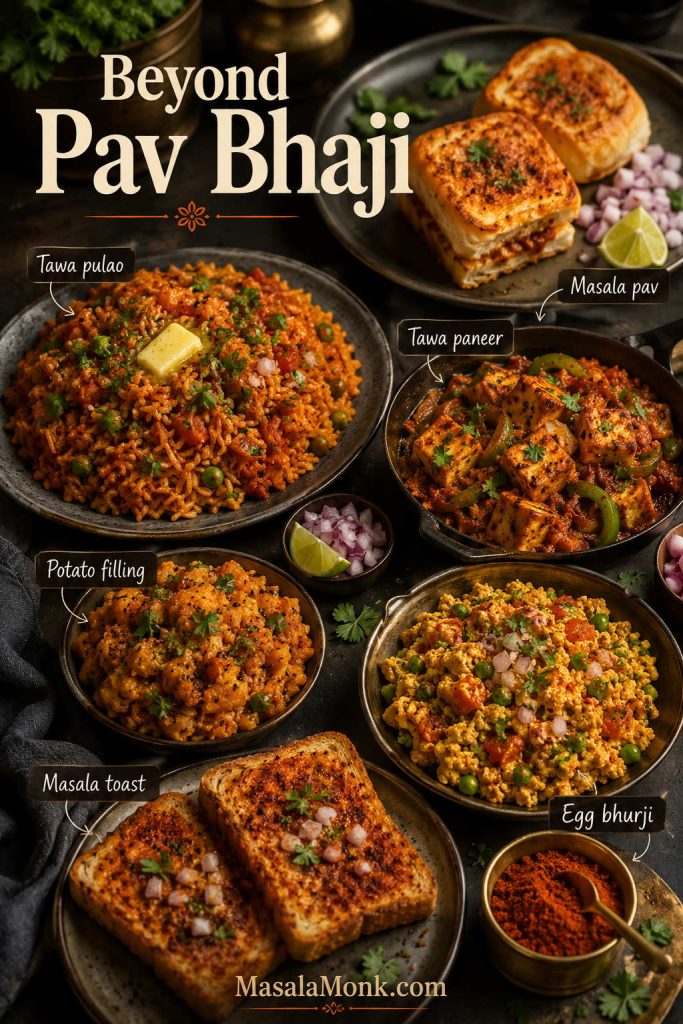 Dishes made with pav bhaji masala including masala pav, tawa pulao, tawa paneer, potato filling, egg bhurji, and masala toast.