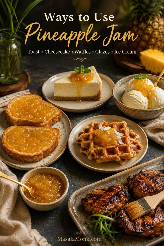 Serving spread showing pineapple jam on toast, cheesecake, waffles, ice cream, and a savory glaze dish