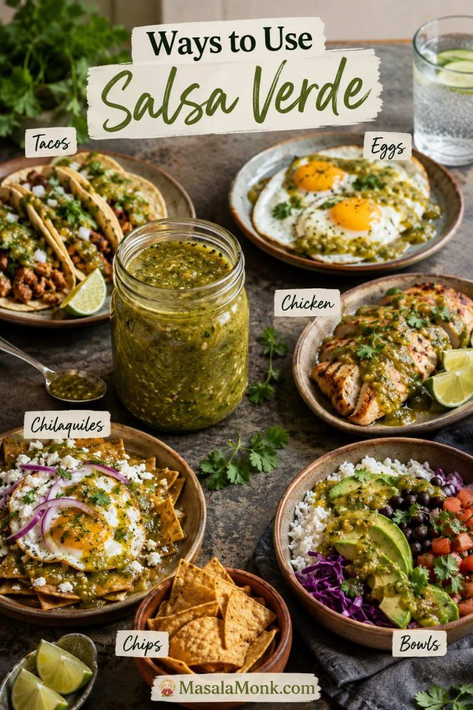 Salsa verde jar surrounded by tacos, eggs, chicken, chilaquiles, chips, and a bowl meal