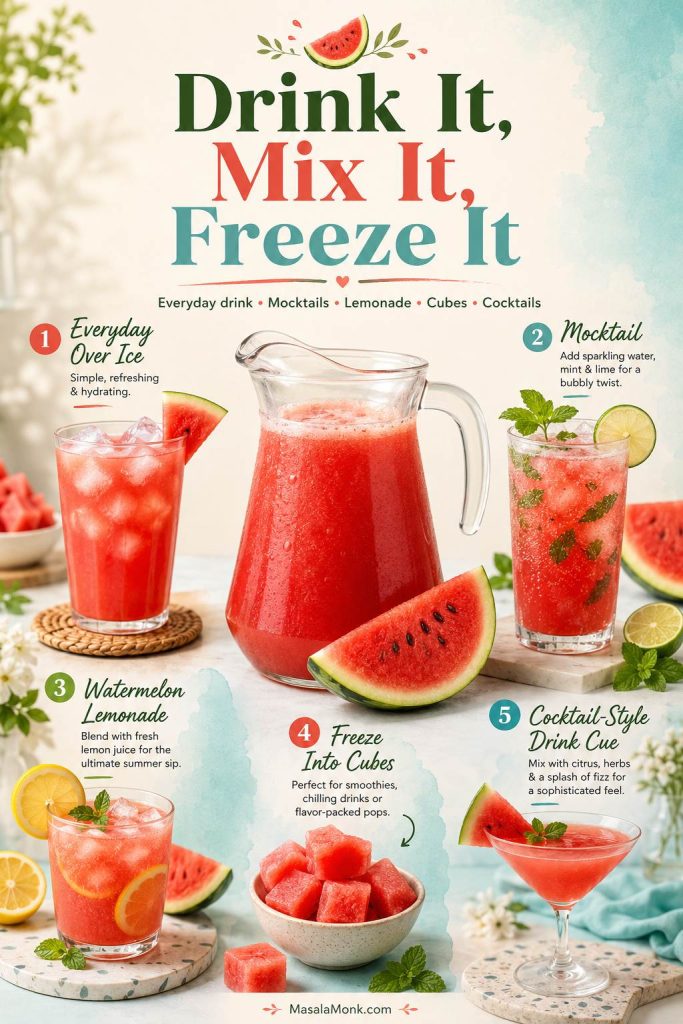 Ways to use watermelon juice, including an everyday glass, mocktail, lemonade, frozen cubes, and cocktail-style drink.