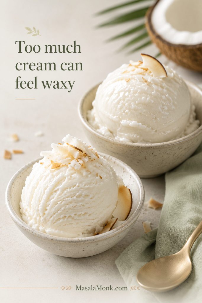 Coconut ice cream topped with toasted coconut flakes, with coconut extract and vanilla nearby to show ways to strengthen coconut flavor.