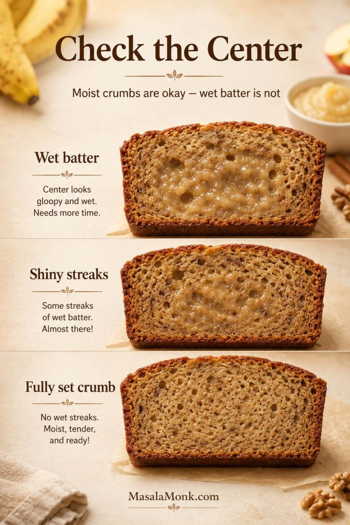 Banana bread center guide showing wet batter, shiny streaks, and a fully set crumb.