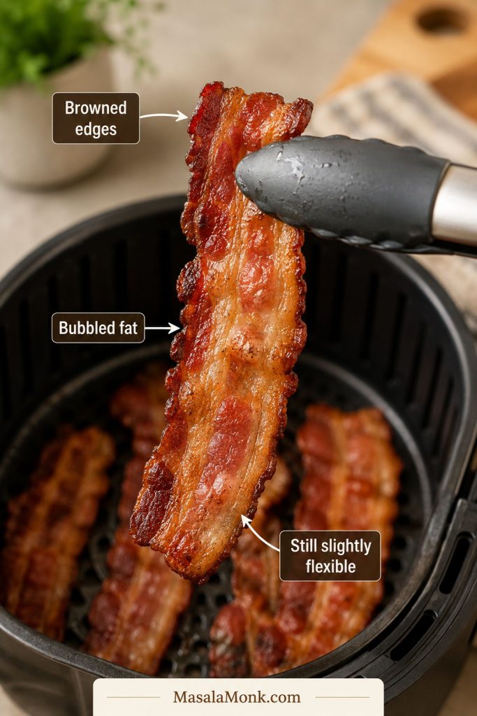 Close-up of air fryer bacon lifted with tongs showing browned edges, bubbled rendered fat, and a slightly flexible strip.