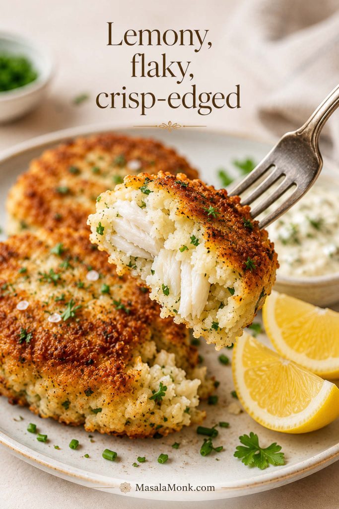 Forkful of fish cake with flaky cod and potato filling, crisp crust, lemon, and creamy sauce