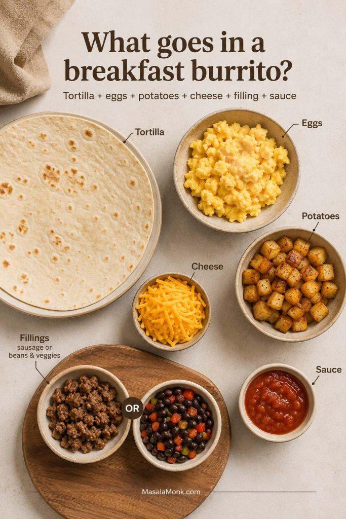Ingredient guide showing a tortilla, eggs, potatoes, cheese, cooked filling, and sauce for making breakfast burritos