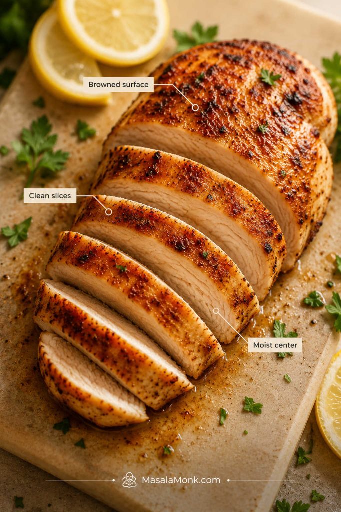 Sliced baked chicken breast labeled with browned surface, clean slices, and moist center.