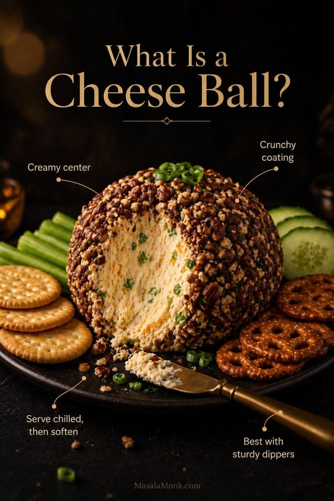 Annotated guide showing a finished cheese ball with crackers, celery, cucumber, pretzel crisps, and a spreader, with labels noting the creamy center, crunchy coating, chilled serving style, and sturdy dippers.