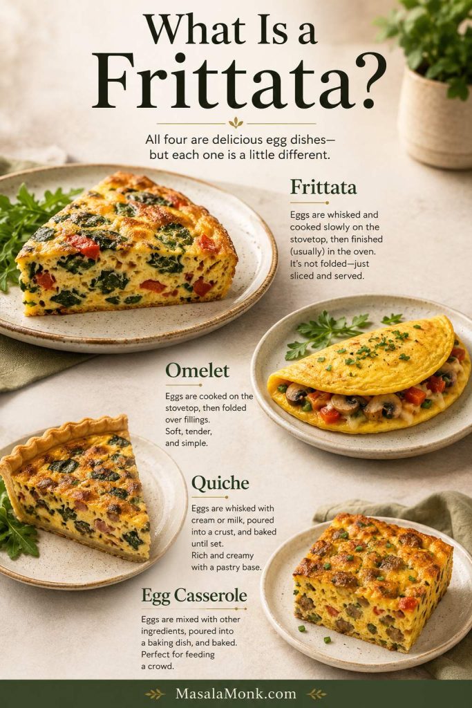 Comparison of a frittata wedge, folded omelet, quiche slice, and egg casserole square.