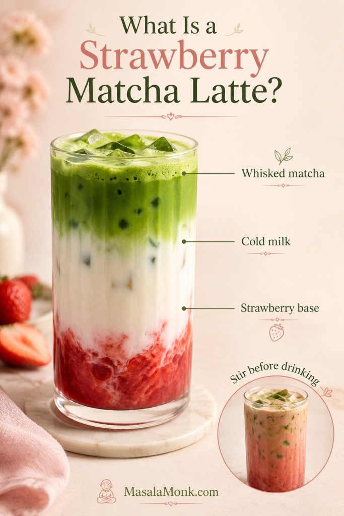 Labeled strawberry matcha latte showing strawberry base, cold milk, whisked matcha, and a small stirred drink inset.
