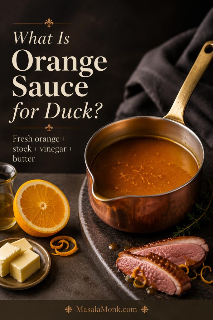 Sauce boat with orange sauce, oranges, stock, vinegar, butter, and duck on a dark surface