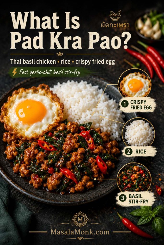 Labeled Pad Kra Pao plate with basil stir-fry, white rice, and crispy fried egg callouts.